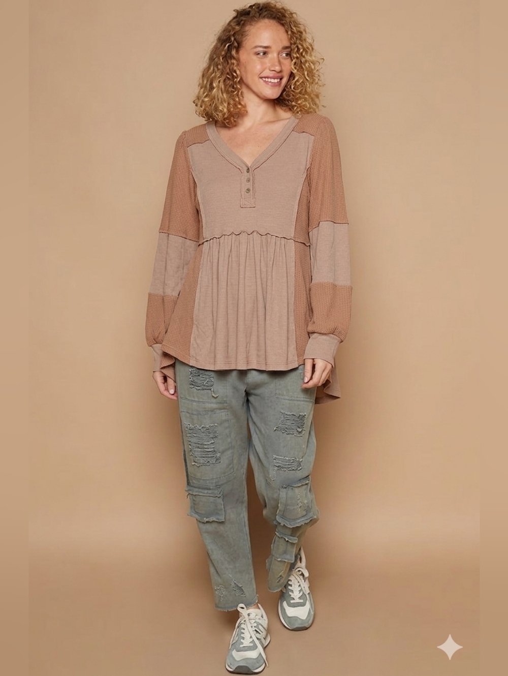 POL Two-Tone Taupe Waffle Knit Peasant Tunic